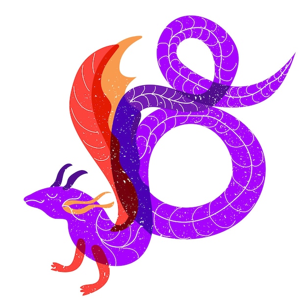 Ручно нарисованный дракон с ретро-ризографическим эффектом векторная иллюстрация в минимальном стиле рисования