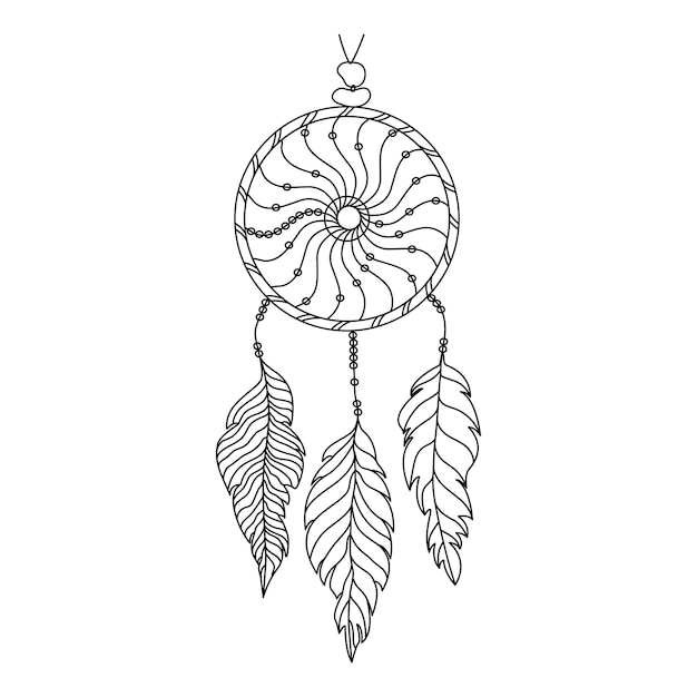 Hand drawn dreamcatcher with threads, beads and feathers. native american symbol in boho style