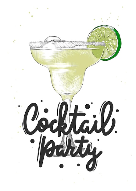 Vettore schizzo di bevanda o bevanda disegnato a mano con scritte cocktail party disegno colorato dettagliato