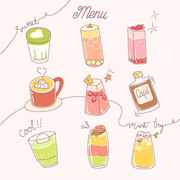 Нарисованные вручную напитки и коллекция кофейных чашек Пастельное меню линии искусства