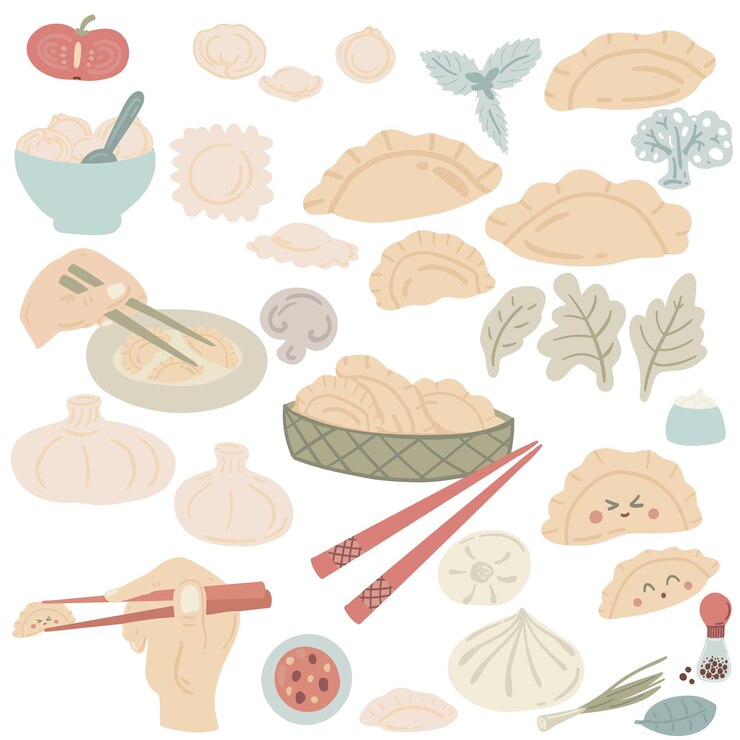 Vector hand drawn dumplings set with vegetables and hands with sticks