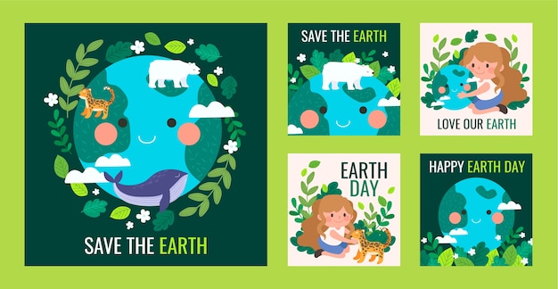 Vector hand drawn earth day instagram posts collection