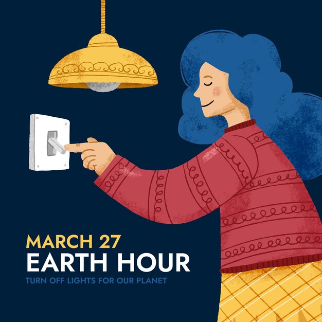 Hand drawn earth hour woman with blue hair