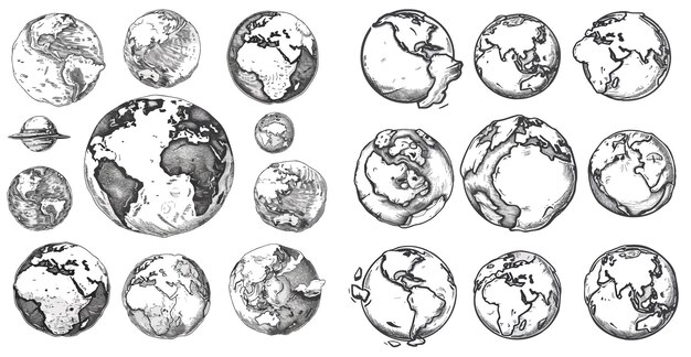 Hand drawn earth lands doodle world map with continents and oceans geography vector illustration set