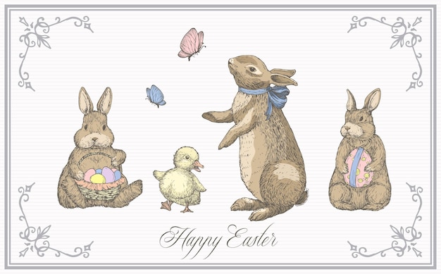 Vector hand drawn easter greeting card vector rabbits holding eggs basket spring holiday drawing