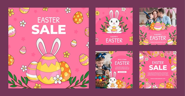 Hand drawn easter instagram posts collection