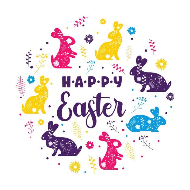 Hand drawn easter pattern with bunnies flowers vector design icon