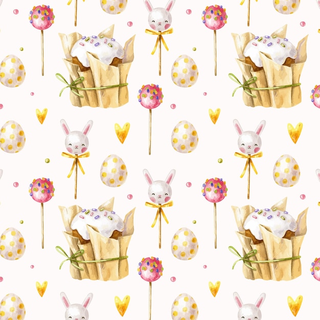 Hand drawn easter pattern with easter cakes, lollipops, candies and eggs