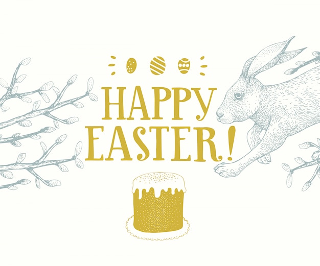 Ручной обращается Пасхальный кролик с поздравительной надписью. Весна векторные иллюстрации. Ретро стиль.