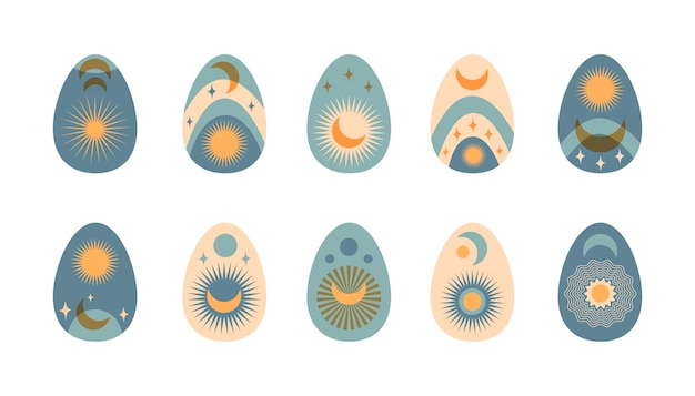 Hand drawn Easter set abstract boho  eggs with moon, sun, star isolated on white background. Vector flat illustration. Design for pattern, logo, invitation, greeting card