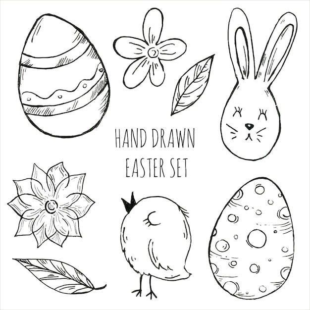 Vector hand drawn easter set black and white vector illustration pages for coloring easter elements