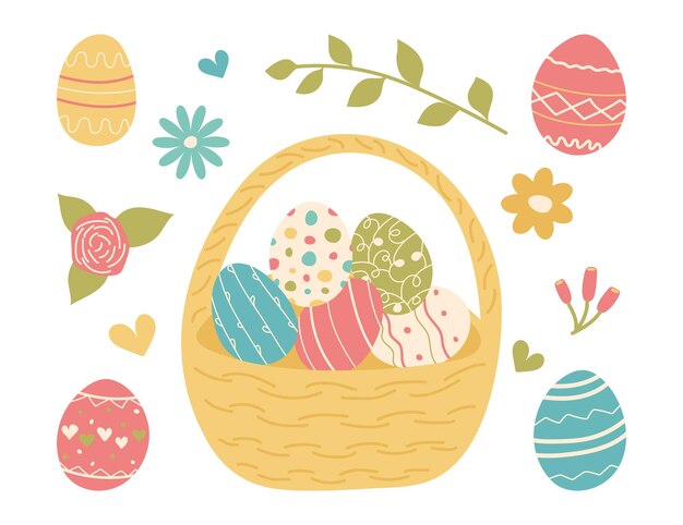 手描きのイースターのワイカーバスケットに色とりどりの花が描かれた卵のが描かれています