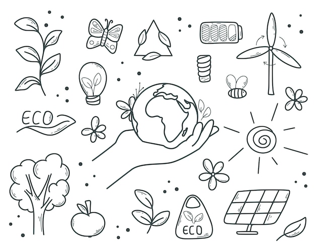 Vector hand drawn ecology set environmental issues and renewable energy ink doodle sketch caring