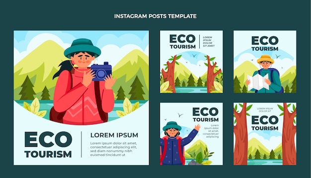 Vector hand drawn ecotourism instagram posts