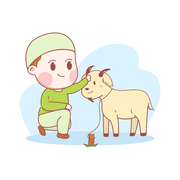 Hand Drawn Eid Adha Mubarak Cute Boy With Goat Cartoon Art Illustration