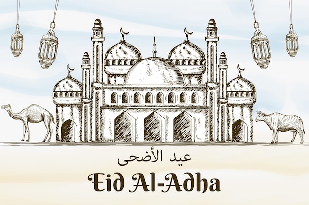 Fondo disegnato a mano dell'illustrazione di eid al adha con la mucca e la moschea del cammello