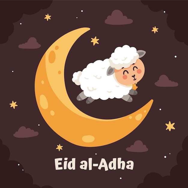 Нарисованная рукой иллюстрация луны и овец ид аль-адха