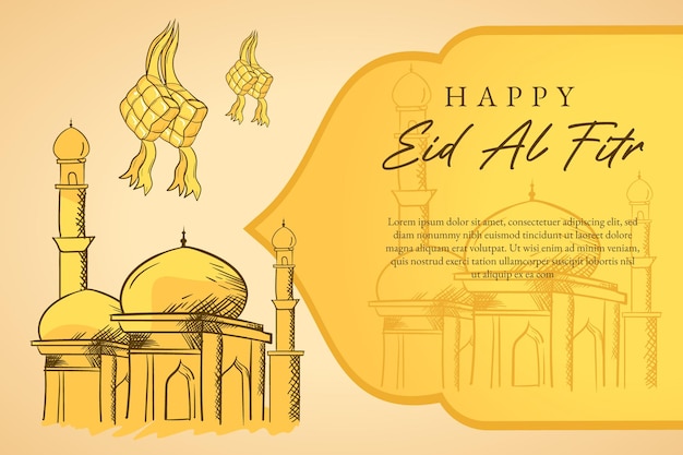 Hand drawn eid al fitr illustration vector ornament mosque and ketupat