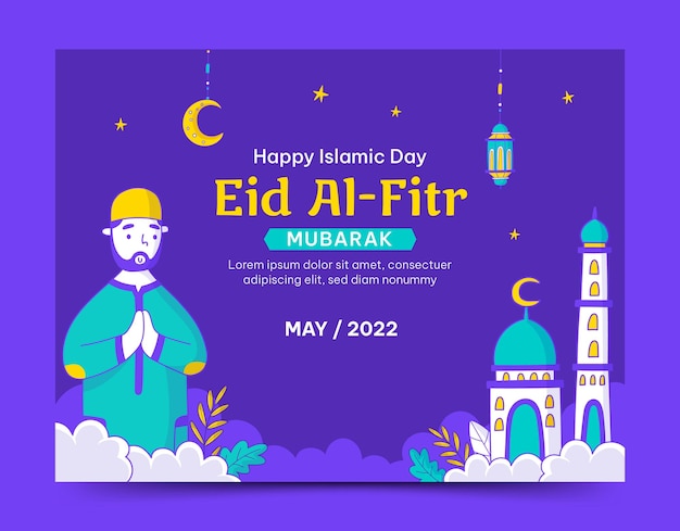 Hand drawn Eid Alfitr or Islamic day photo call template with Muslim and mosque illustration