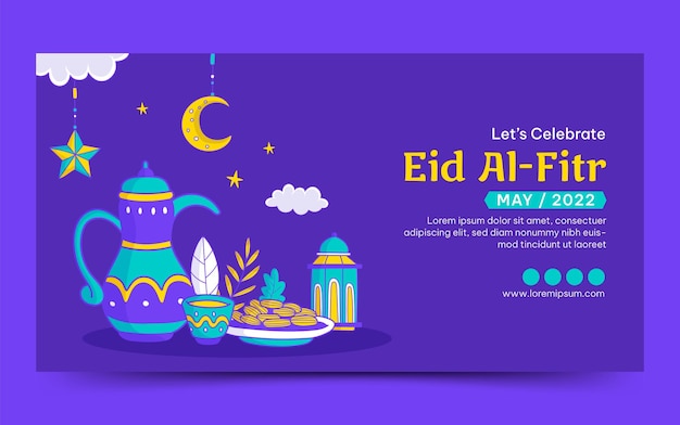 손으로 그린 Eid AlFitr 또는 이슬람의 날 소셜 미디어 게시물과 식수 삽화