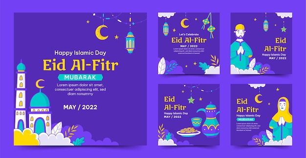 벡터 손으로 그린 eid alfitr 또는 이슬람의 날 소셜 미디어 포스트 컬렉션