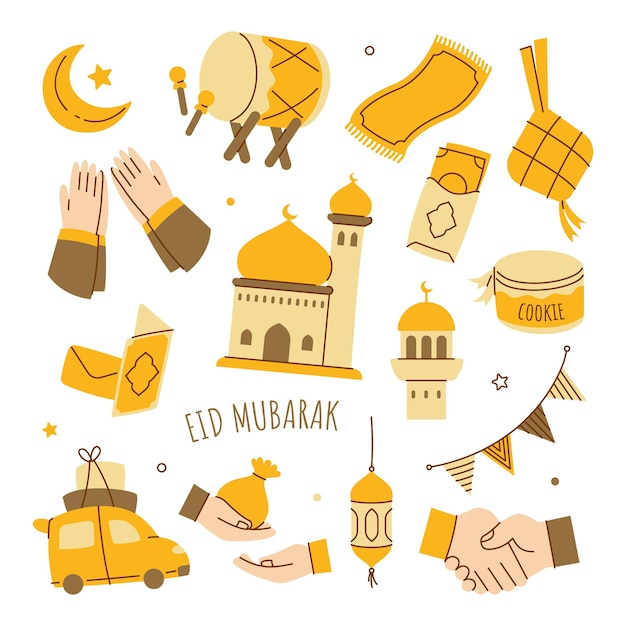 Hand drawn eid mubarak or idul fitri doodle clip art vector illustration