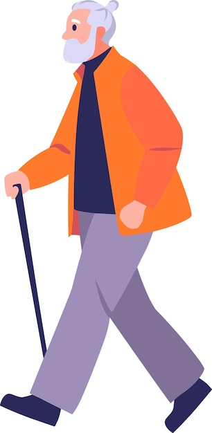 Vector hand drawn elderly characters walk with canes in flat style isolated on background