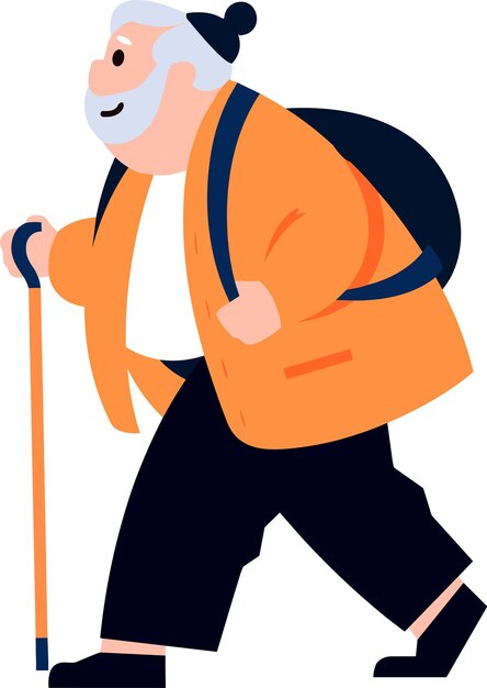 ベクトル 手描きの高齢者のキャラクターは、背景に分離されたフラット スタイルで杖をついて歩きます