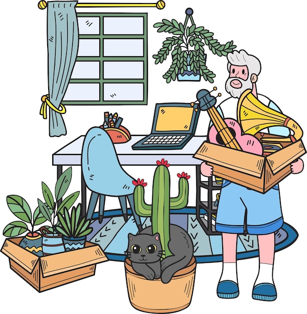 Hand Drawn Elderly Clean the room with the cat illustration in doodle style