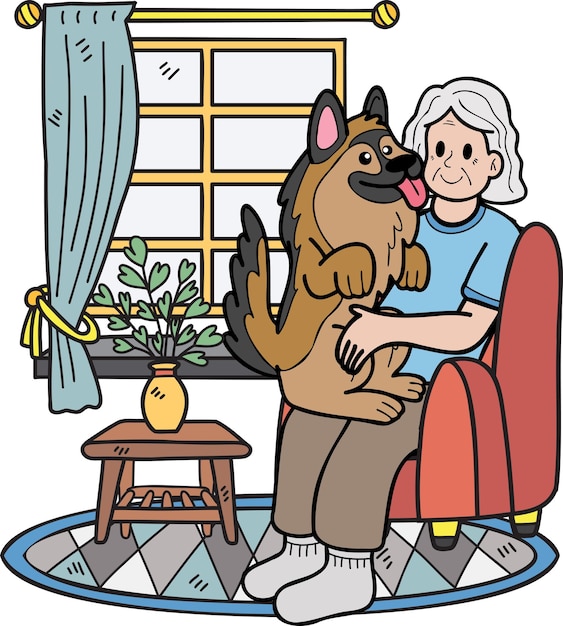 Hand drawn elderly holding a dog illustration in doodle style