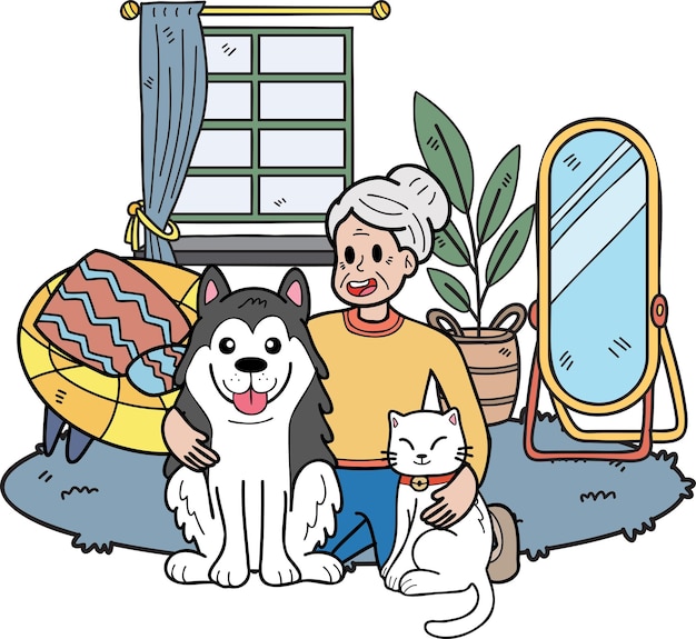 Ручной рисунок пожилых людей, обнимающих собак и кошек в стиле каракулей