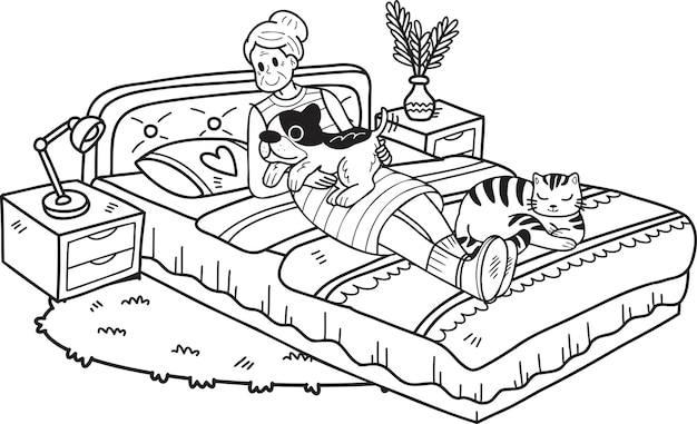 hand drawn elderly hugging dogs and cats illustration in doodle style