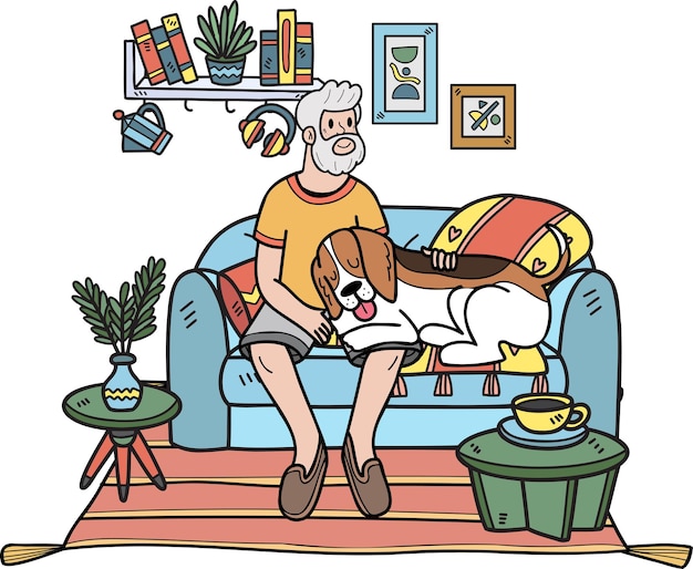 Hand Drawn Elderly man sitting with Beagle Dog illustration in doodle style