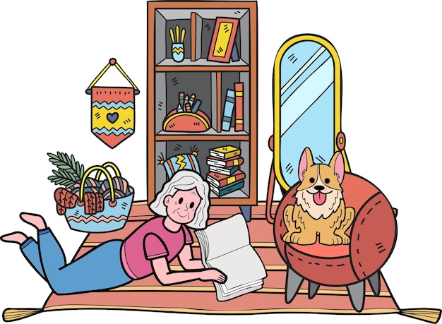 Ручной рисунок пожилого человека, читающего книгу с собачьей иллюстрацией в стиле каракулей