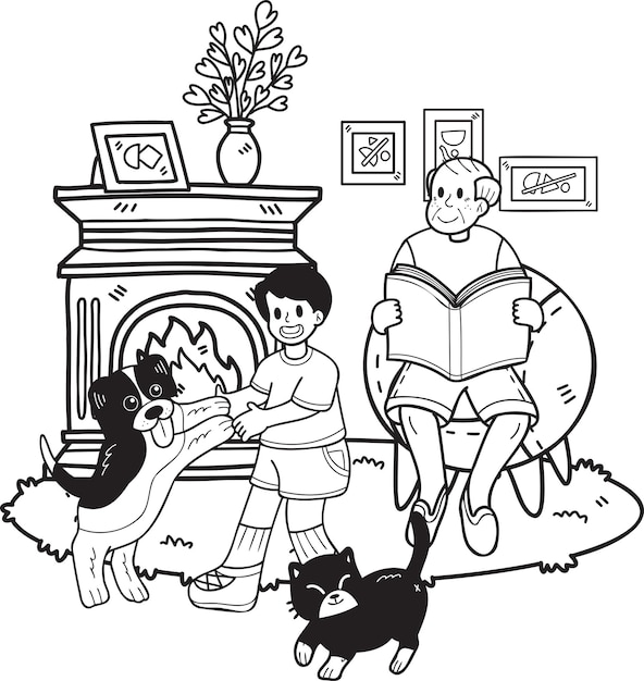 Hand Drawn Elderly reading books with dogs and cats illustration in doodle style