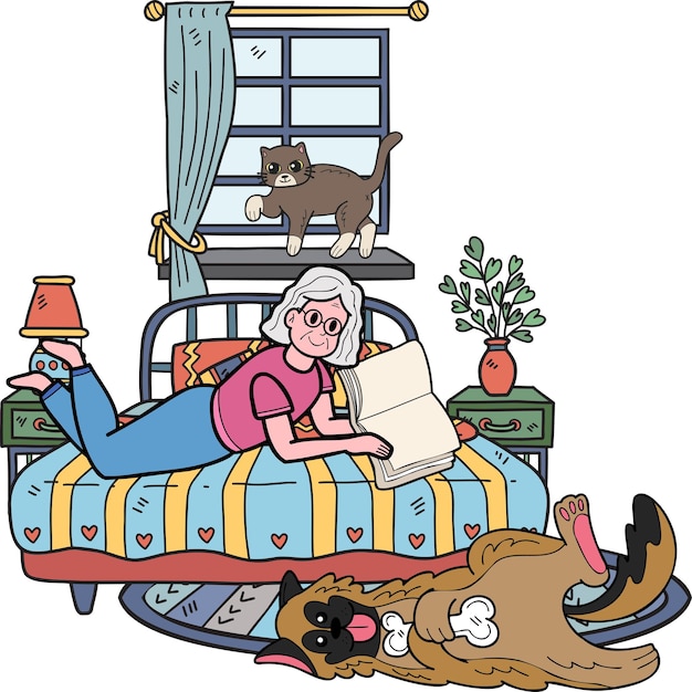 Hand Drawn Elderly reading books with dogs and cats illustration in doodle style