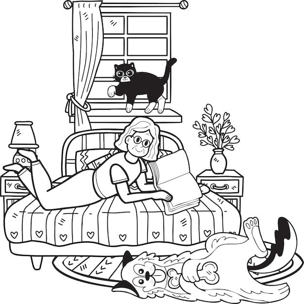 hand drawn elderly reading books with dogs and cats illustration in doodle style