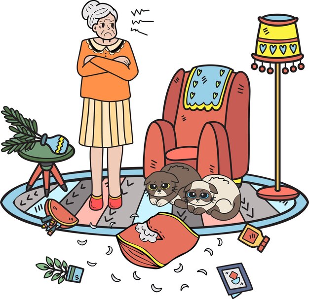 Hand drawn elderly scolded the cat illustration in doodle style