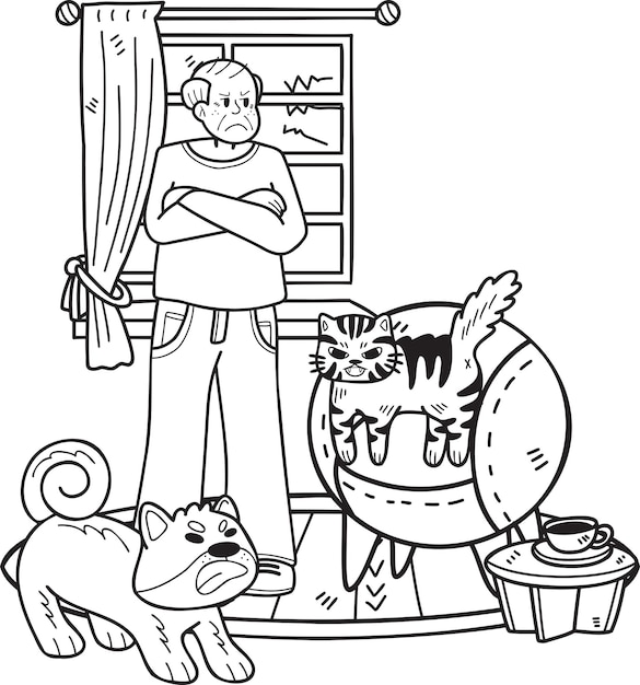 Hand Drawn Elderly scolding cats and dogs illustration in doodle style