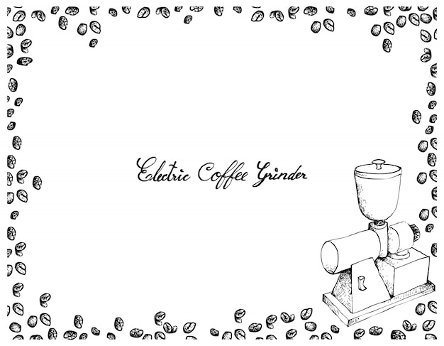 Hand drawn of electric coffee grinder con chicchi di caffè