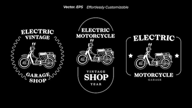 Hand drawn Electric Vintage custom motorcycle biker repair service emblems badges monochrome