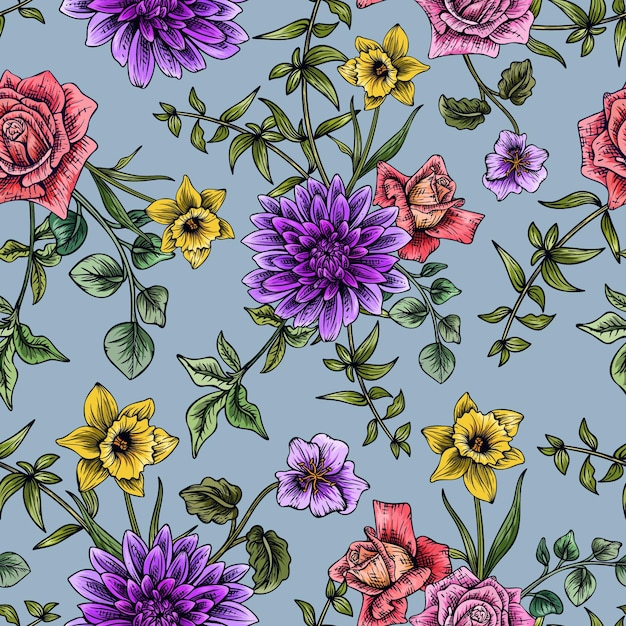 Vector hand drawn elegant colorful seamless pattern with botanical floral design illustration