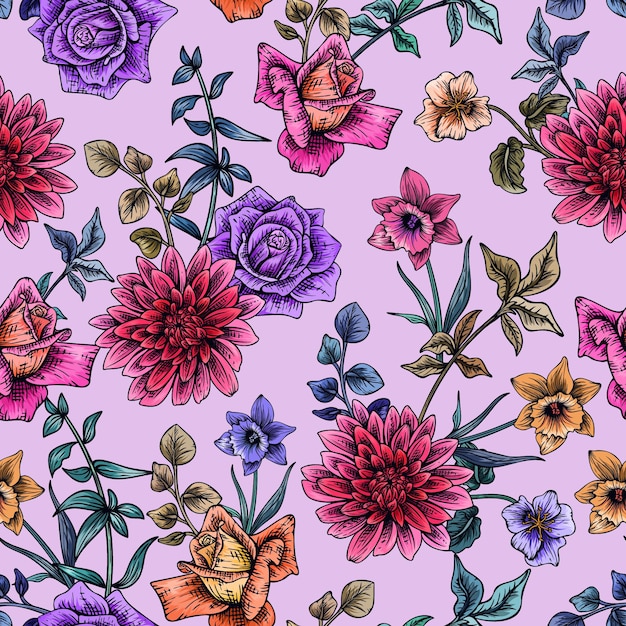 Hand drawn elegant colorful seamless pattern with botanical floral design illustration