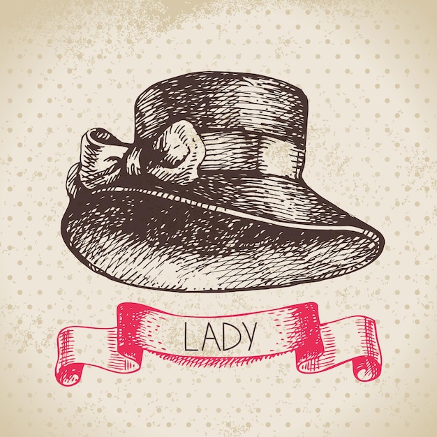 Hand drawn elegant vintage ladies background Sketch women hat Retro fashion vector illustration