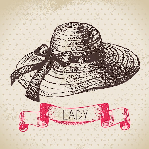 Hand drawn elegant vintage ladies background sketch women hat retro fashion vector illustration