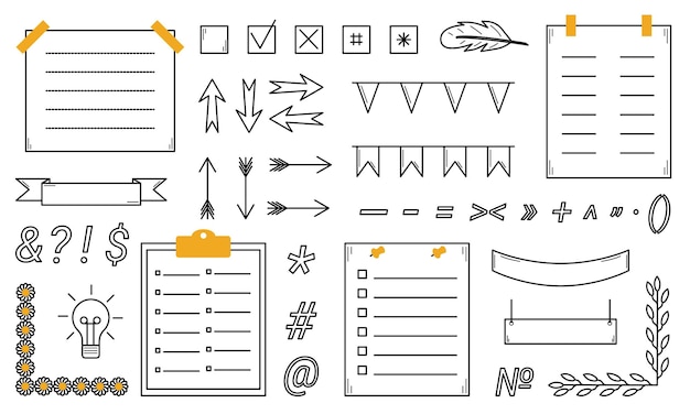 Ручной рисунок элементов журнала пуль Организатор напоминаний о планировании Doodle style Vector