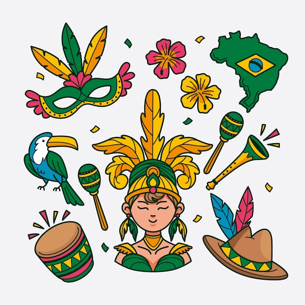 ブラジルのカーニバル祝賀のための手描きの要素コレクション