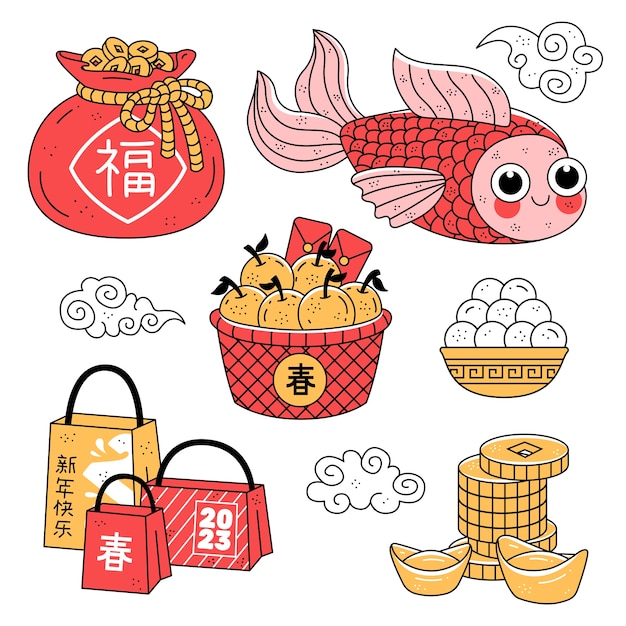 Vector hand drawn elements collection for chinese new year celebration