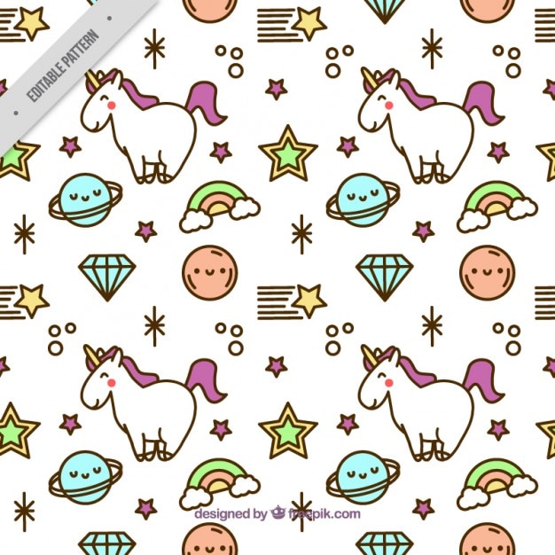 Hand drawn elements and unicorns pattern