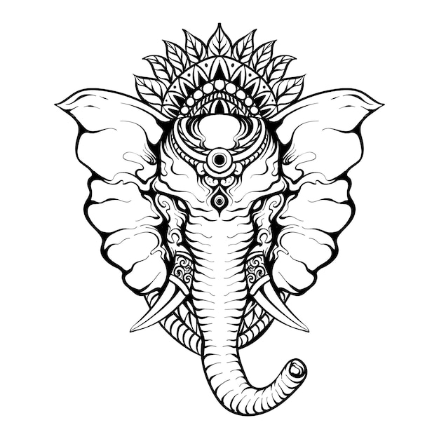 Вектор Ручной рисунок головы слона в племенном стиле. индуистский лорд ганеша векторной линии искусства черно-белый